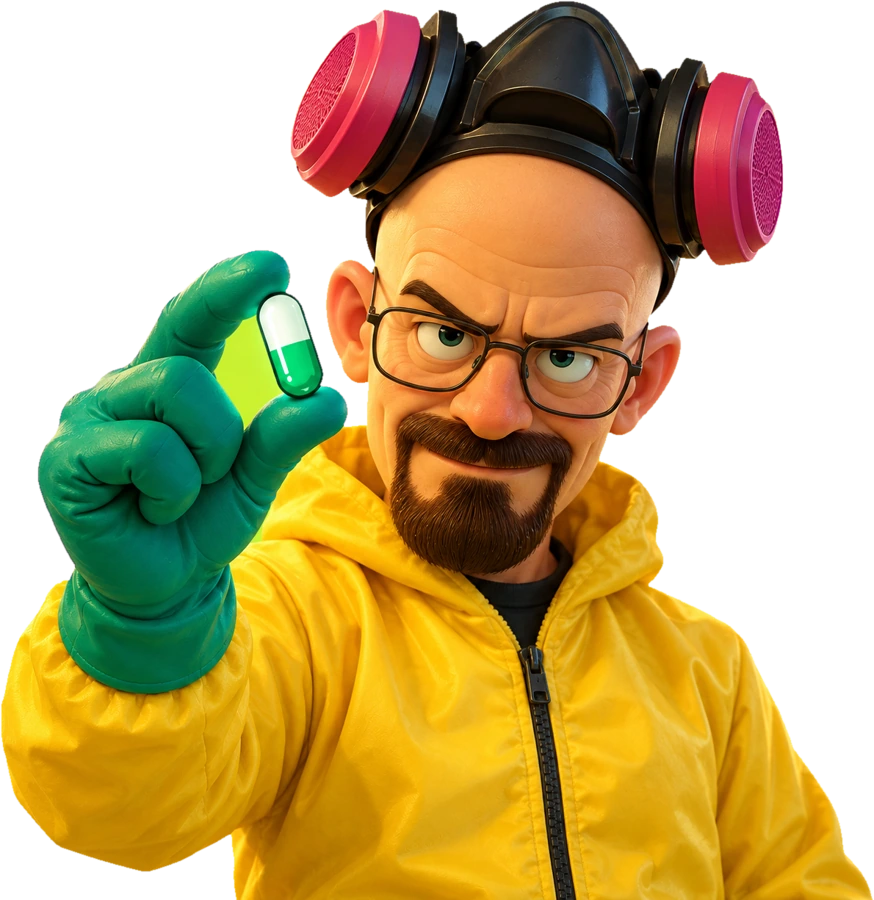 the chemist, holding one pill up