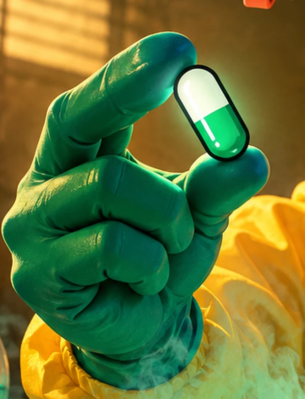 one green pill held up to the lamp